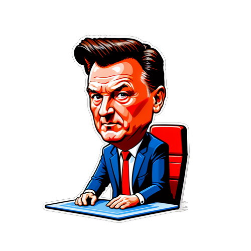 Cartoonachtige portret van Louis van Gaal op de bank met een tactisch bord
