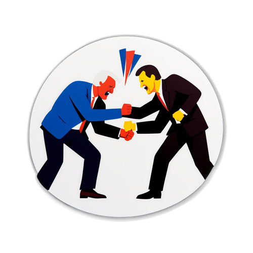 Sticker cu o luptă între politicieni, simbolizând competiția electorală