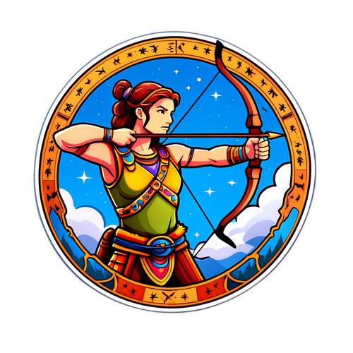 Дизайн знака зодиака Стрелец с мотивами стрельбы из лука и приключений на фоне неба