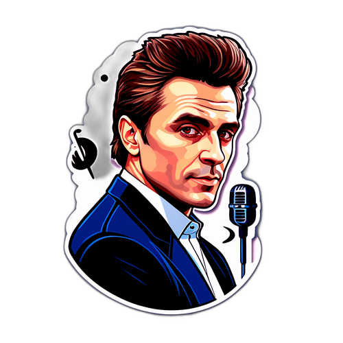 Portret artistic al lui Stefan Banica Jr. pe fundal muzical