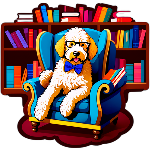 Speelse goudendoodle met bril en strik in een fauteuil