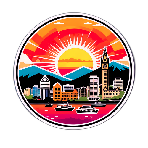 Retro nálepka Wellingtonu v západu slunce