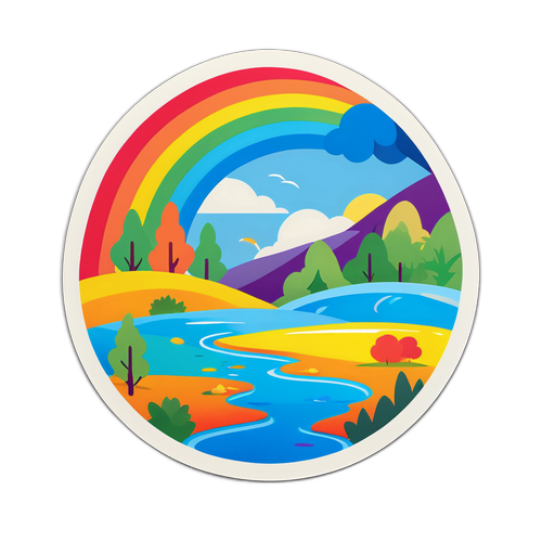 Een sticker met een regenbooglandschap dat het Belgische landschap weerspiegelt na overstromingen