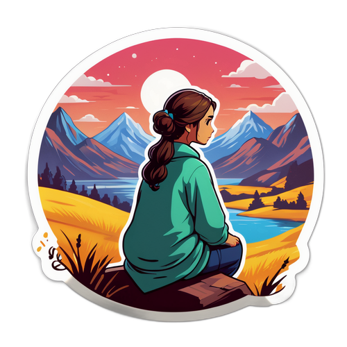 Un sticker cu un personaj din "Ana Ciceala" contemplând un peisaj