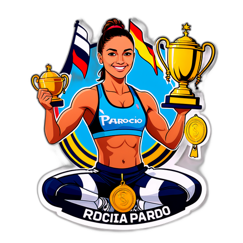 Dibujo de Rocio Pardo en pose de atleta, rodeada de trofeos y medallas