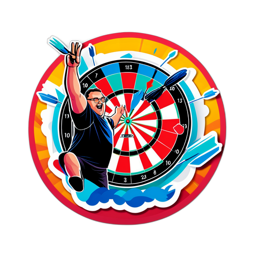 En actionfylld klistermärke med Stephen Bunting i kastet mot en darttavla
