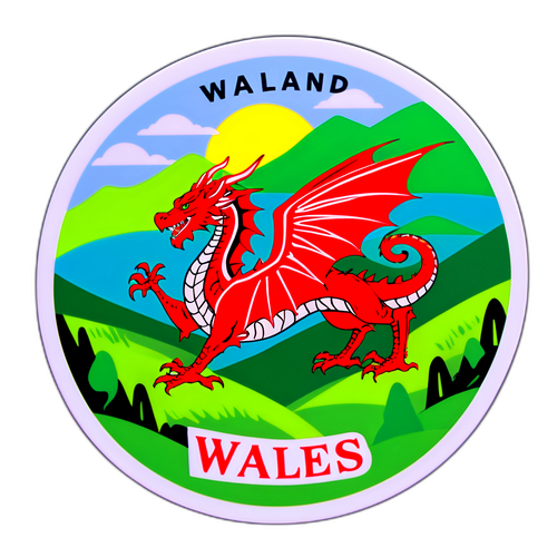 Et scenisk klistremerke av Wales med den ikoniske røde dragen