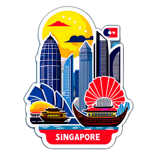 Sticker przedstawiający kulturę tradycyjną Singapuru w połączeniu z futurystycznymi elementami