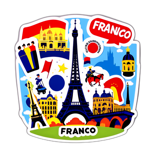 Un autocollant animé de la messe Franco à Paris avec des touristes et des attractions emblématiques
