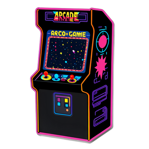 Retro Arcade Game Machine with Neon Lights and Pixelated Graphics