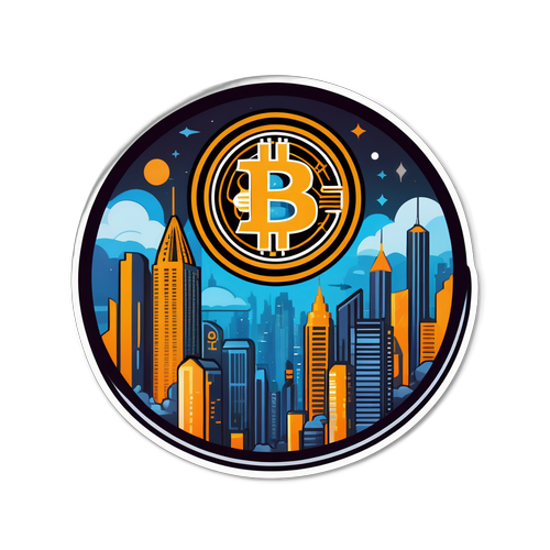 สติกเกอร์ Bitcoin กับพื้นหลังเมืองอนาคต