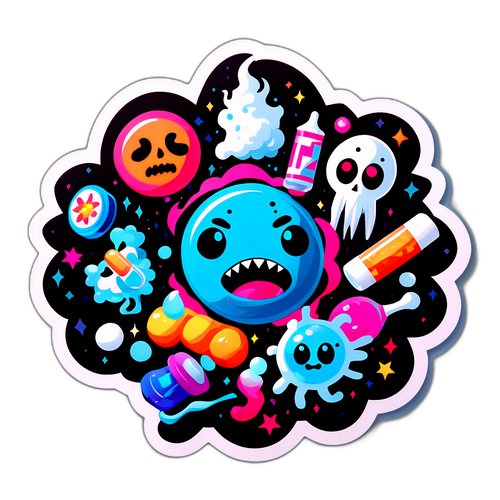 Sticker met Pommelien omringd door schimmachtige figuren