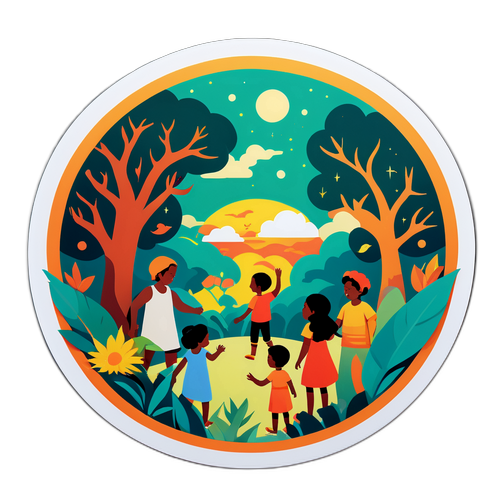 地球の子供たちのシーンを表現したドラマティックなステッカー