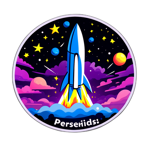 Sticker cu un meteorit strălucitor și un mesaj care încurajează observarea Perseidelor 2025