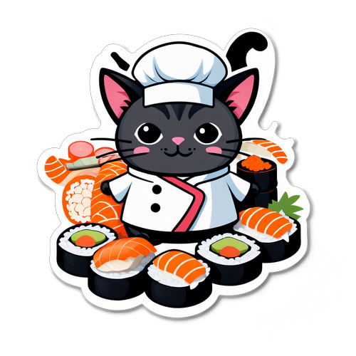 Sushi Cat Chef Surrounded by Sushi Rolls