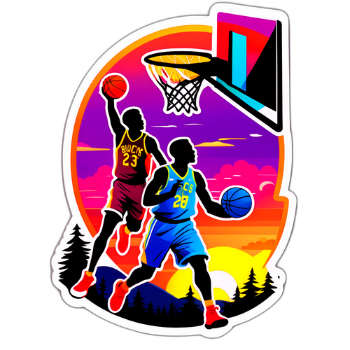 Stiker Tema Basket dengan Siluet Pemain Bucks dan Warriors