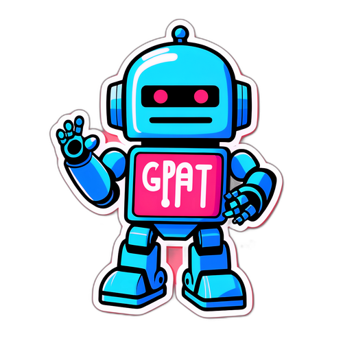 Autocolant cu un robot prietenos care se joacă cu cuvintele "Chat GPT" pe un fundal pastelat