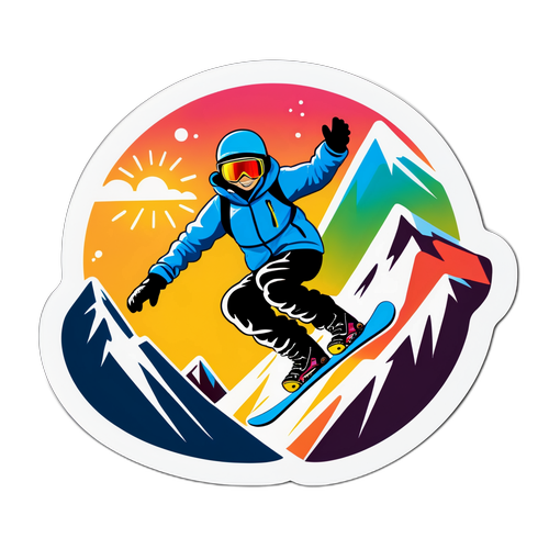 Kleurrijke sticker van een snowboarder met bergen op de achtergrond