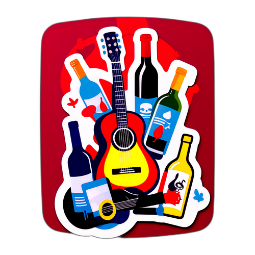 Un autocollant de Cali, entouré de bouteilles de vin et d'une guitare