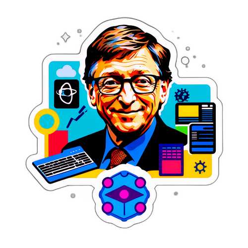 A ficha representando Bill Gates com elementos de tecnologia e inovação