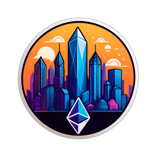 Ethereum-inspirerad klistermärke med futuristisk stadssiluett