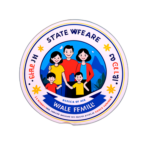 สติกเกอร์โลโก้บัตรสวัสดิการรัฐกับภาพครอบครัวสุขสันต์