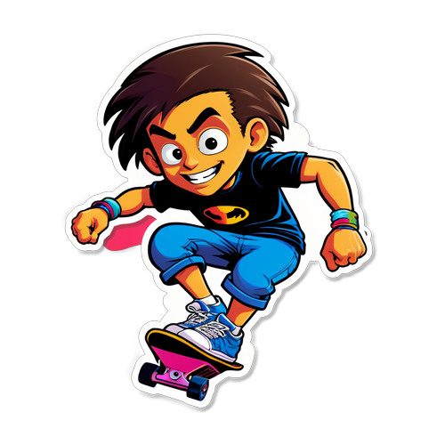 Un personnage de bande dessinée Ludovic Bertin faisant du skateboard avec des graphismes audacieux