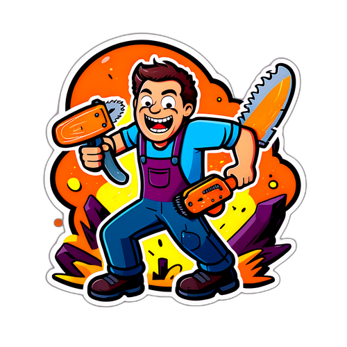 Смішна сцена з чоловіком, що перетворюється на бензопилу