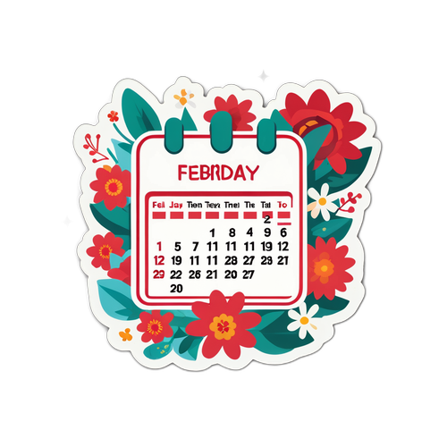 Наклейка с календарем, выделяющим 10 февраля и цветами