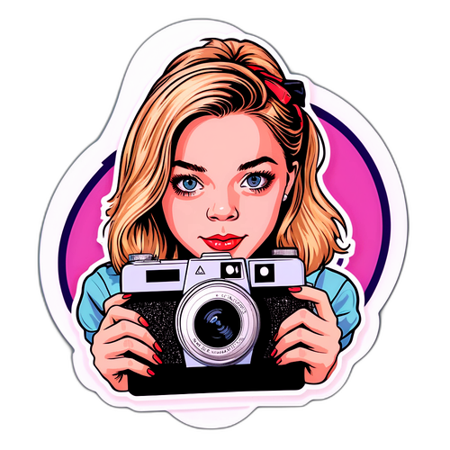 Stylowa naklejka z Sydney Sweeney z vintage aparatem