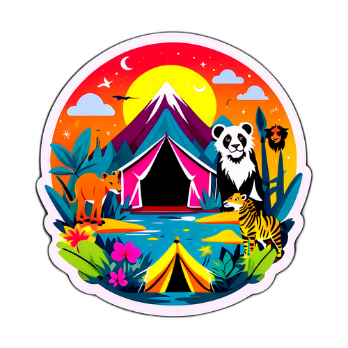 Bunte Dschungelcamp-Aufkleber mit Tieren und Pflanzen