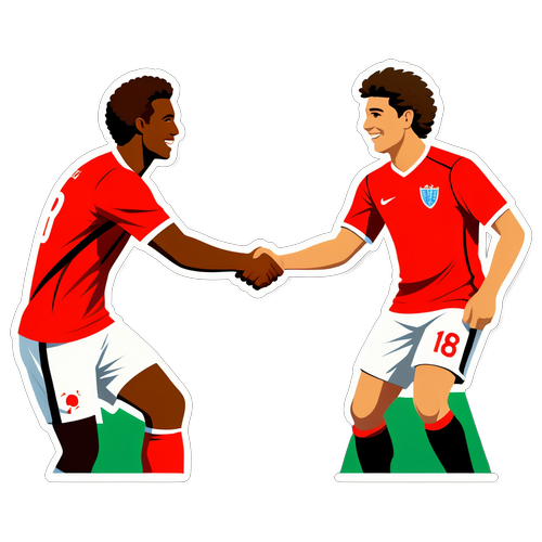 Sticker que ilustra el juego limpio con dos jugadores dándose la mano en el campo