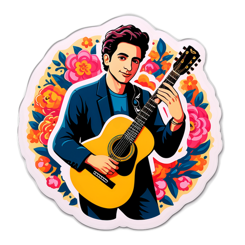 ש sticker depicting Shlomo Artzi's iconic image with a guitar wrapped in a floral frame representing love for music