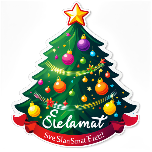 Stiker Natal Meriah dengan Pohon Natal yang Dihiasi