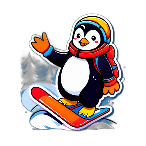 Wesoły pingwin na desce snowboardowej