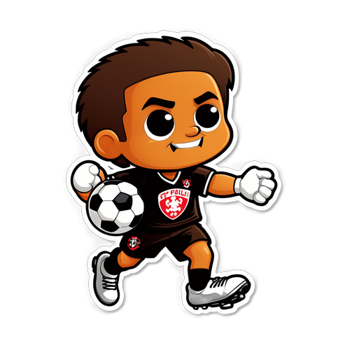 Ein Aufkleber mit einer Cartoon-Version des St. Pauli-Maskottchens beim Fußballspielen und Spaß haben