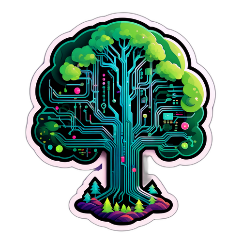 Surreal AI-tema klistermærke med natur og teknologi