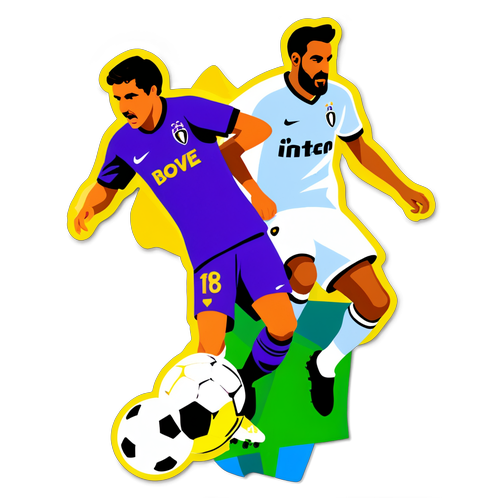 Crea un badge d'arte con una rappresentazione di una partita di calcio di Fiorentina e Inter con striscione "Insieme per Bove"