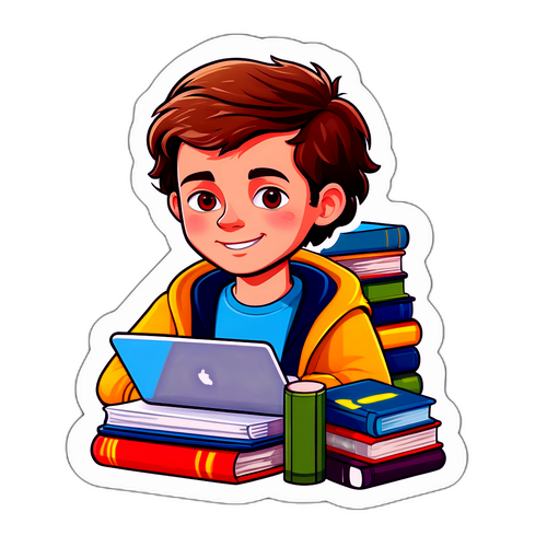 Sticker van Stijn Baert met boeken en laptop