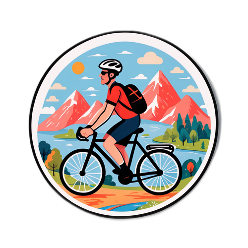 Whimsische sticker van Emiel Verstrynge op de fiets door een schilderachtig landschap