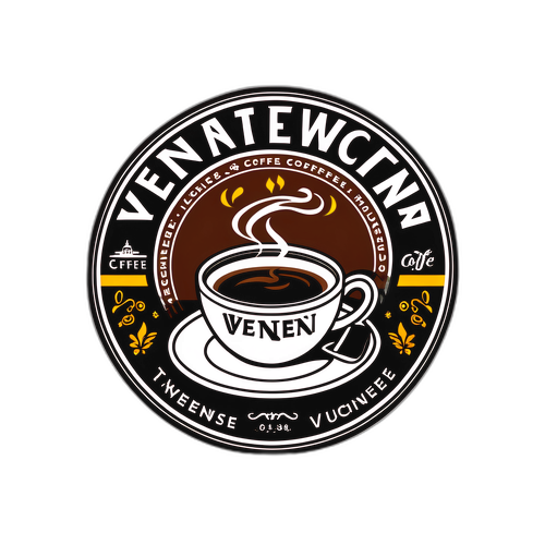 Ein künstlerischer Aufkleber mit Wiener Kaffeehäusern und einer Tasse Kaffee, beschriftet mit 'Tangente Wien'