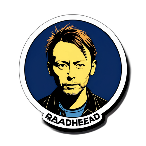 Radiohead-bändin Luo-tarra, jossa ikoninen logo ja taustalla sanoituksia