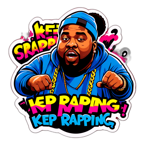 Coole sticker van de dikke rapper met urban graffiti op de achtergrond en de tekst 'Keep Rapping!'