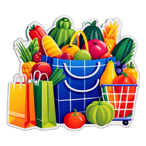 Stylische Darstellung eines Hofer Supermarktes mit bunten Einkaufsstaschen und frischem Obst und Gemüse