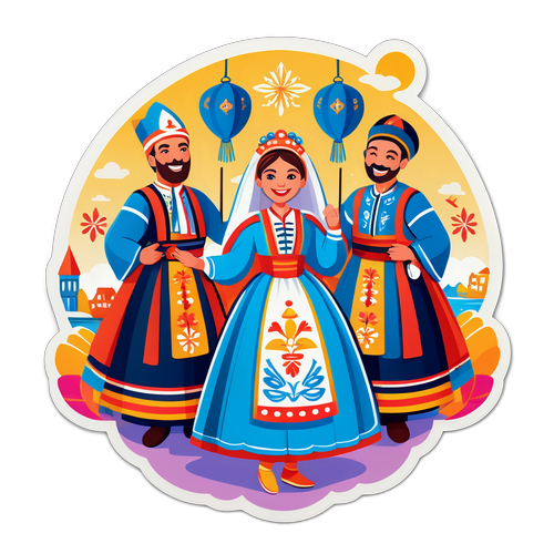 Illustration von fröhlichen Menschen beim Donauinsel-Festival in stilisierten traditionellen Kostümen mit Glücksbringern