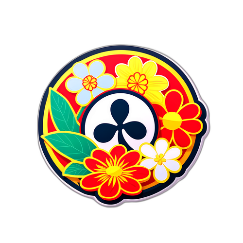 Tem dán với logo Vietlott và các biểu tượng may mắn như hoa, đồng xu, và ánh sáng