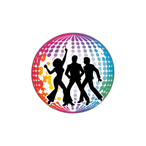 Sticker mit einer Discokugel und Tanzsilhouetten für das Thema 'Saturday Night Fever Mörbisch'