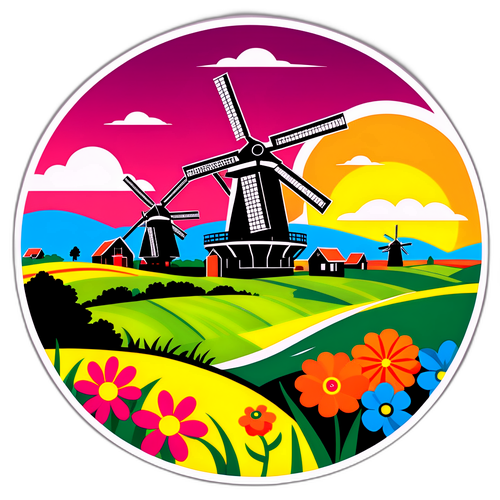 Ολλανδικό τοπίο με ανεμόμυλους και πεδία λουλουδιών