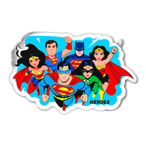 Sticker mit ikonischen Charakteren der Justice League und dem Wort "Helden"