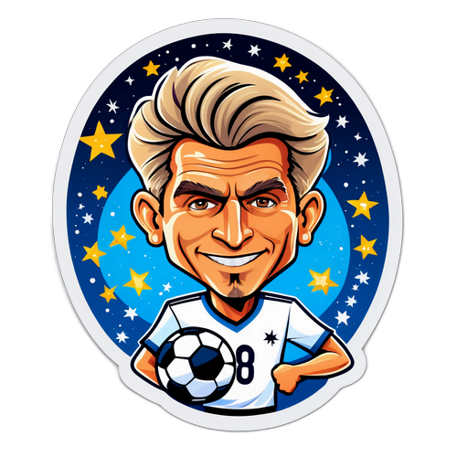 Stilisiertes Karikatur von Toni Polster mit Fußball und funkelnden Sternen